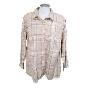 Lands End Womens 1X Plaid Button Up Top Shirt Grunge Urban Beige Tan